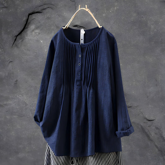 Women's Blouse - Loose Fit - Crew Neck - Button Front - Long Sleeve Pleated Design