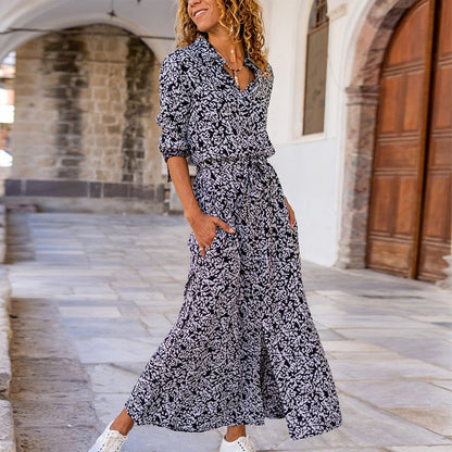 Women's Maxi Dress - Floral Print - Long Sleeve V-Neck - Cinched Waist Flowy Hem