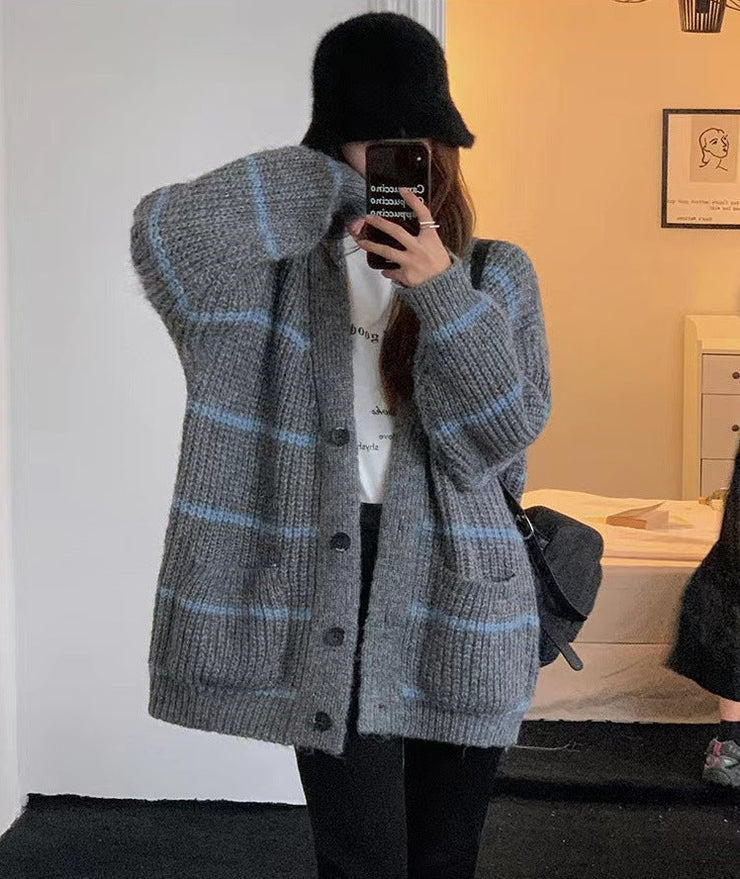 Women's retro gray striped oversized cardigan