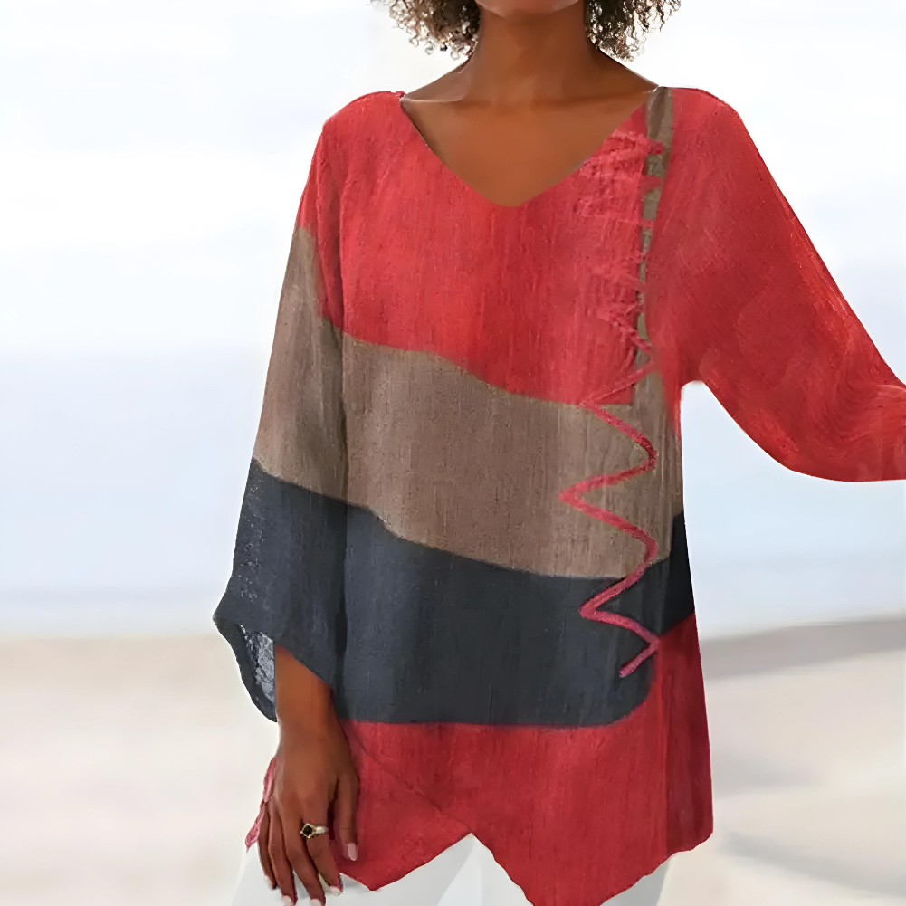 Women's V-Neck Tunic Top - Relaxed Fit - Three-Quarter Sleeve - Lightweight Casual Wear