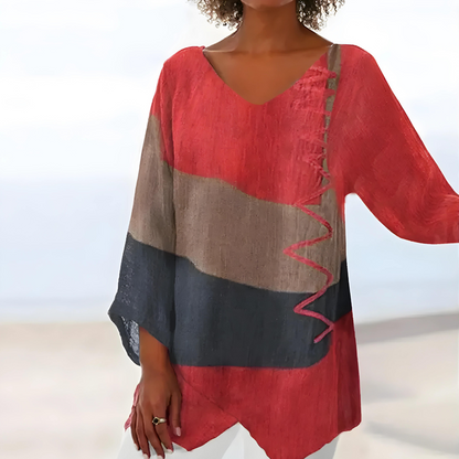 Women's V-Neck Tunic Top - Relaxed Fit - Three-Quarter Sleeve - Lightweight Casual Wear