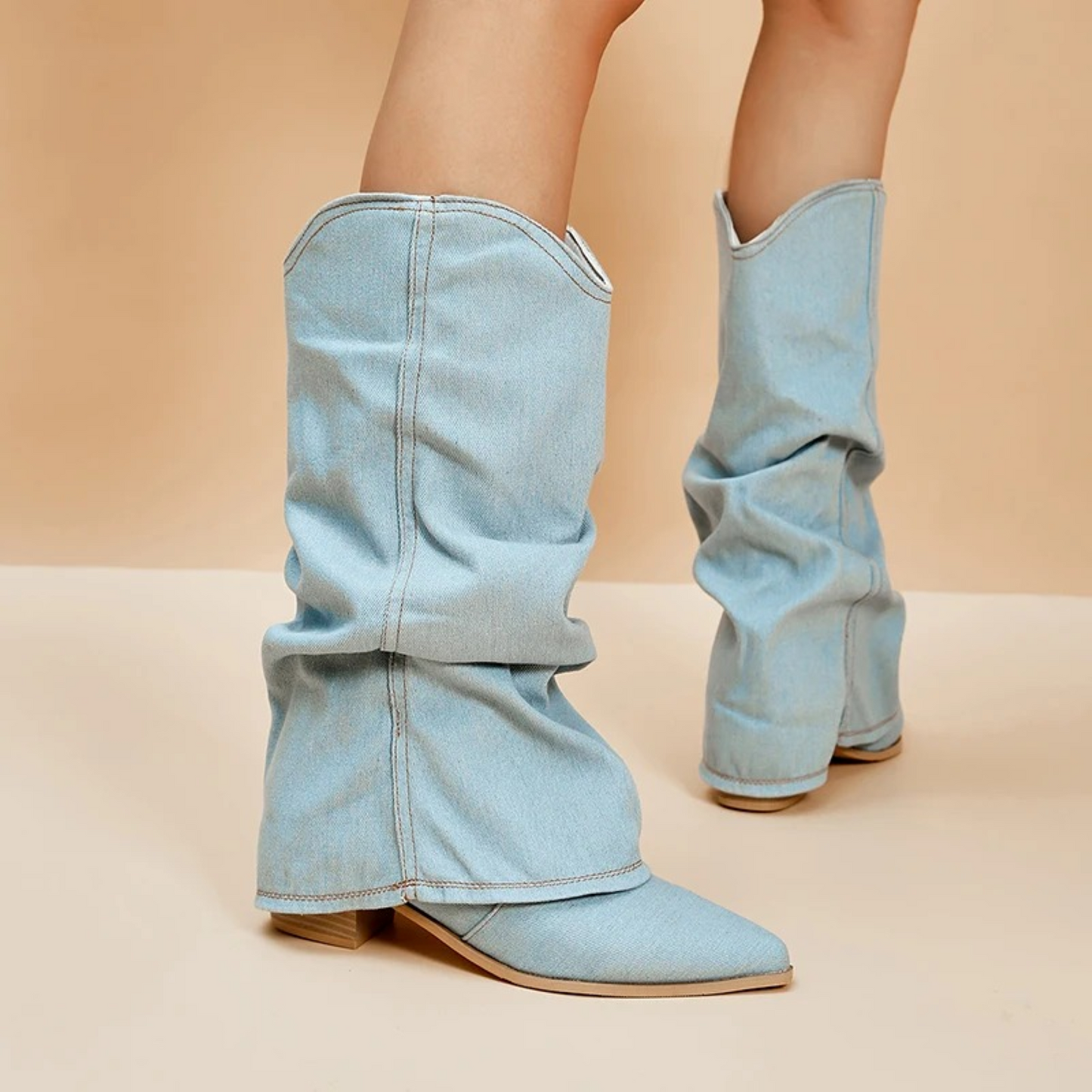 Women’s Knee-High Boots - Slouchy Denim - Pointed Toe - Low Block Heel Pull-On
