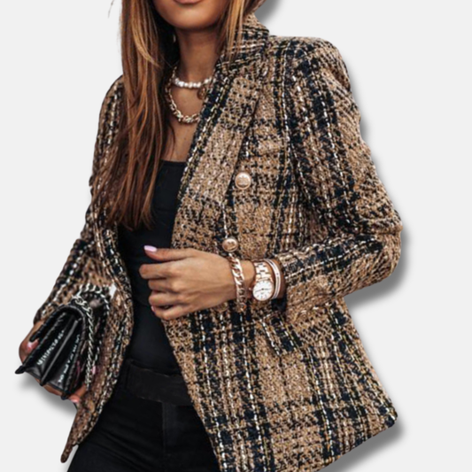 Wool Double-Breasted Tailored Check Blazer