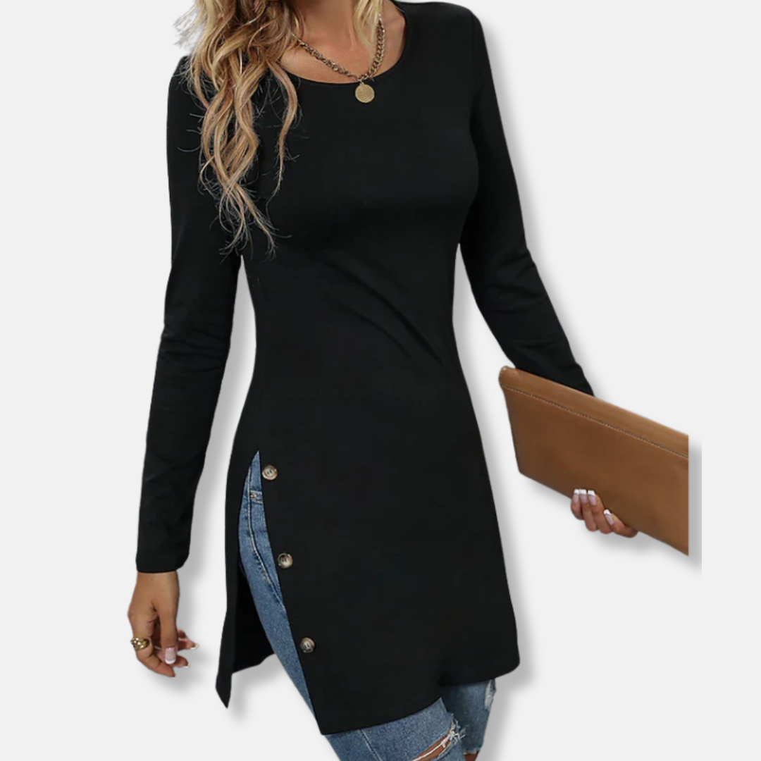 Women’s Tunic Top - Knit - Slim Fit - Tunic Length - Long Sleeves - Side Splits