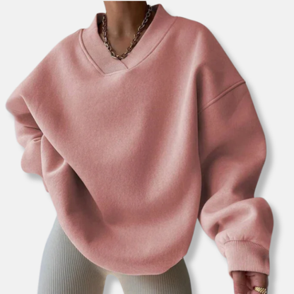 Women’s Sweatshirt - Cotton Blend - Oversized Relaxed Fit - V-Neck - Ribbed Cuffs