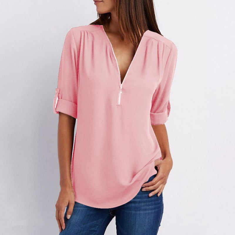 Flowy V-Neck Roll-Tab Sleeve Blouse
