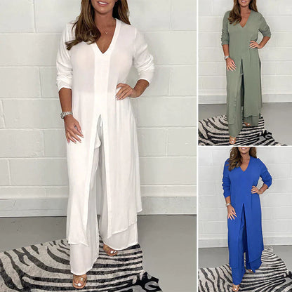 Women's slit long tops and pants suit