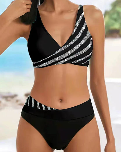 Women’s Bikini Set – High Waist – Wrap Top – Breathable Stretch – Striped Design