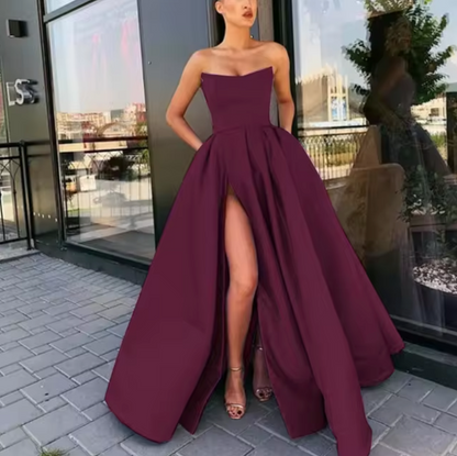 Women's Evening Gown - Strapless A-Line - Floor-Length with High Slit - Formal Wear