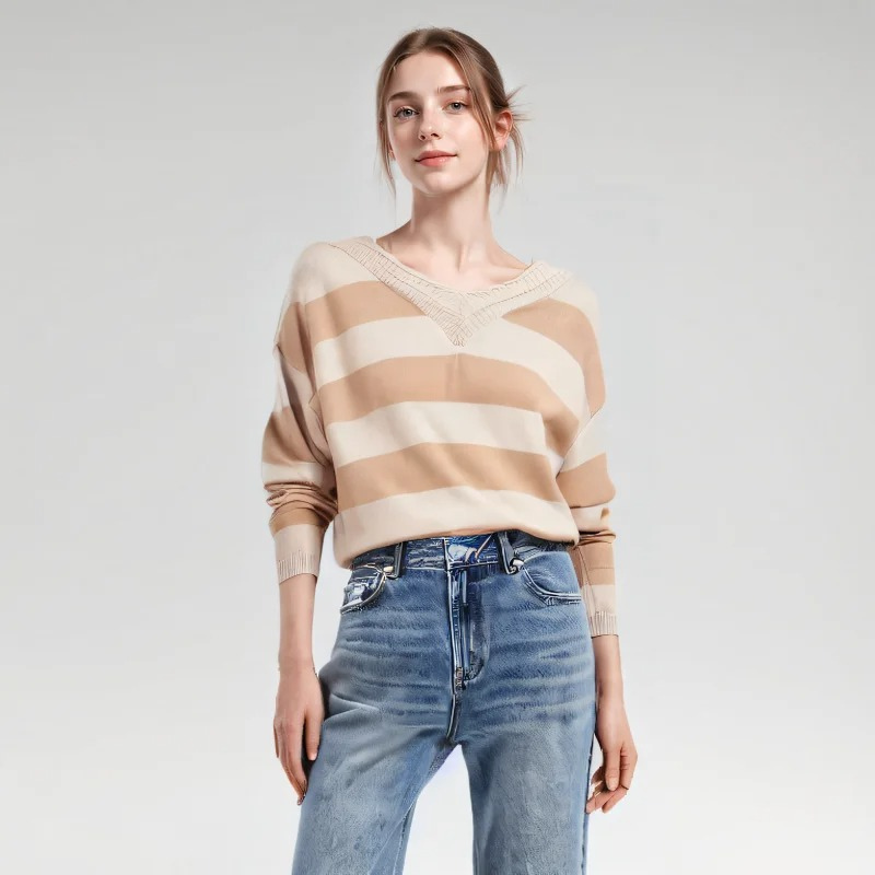 Trendy striped women's sweater with loose fit v-neck design