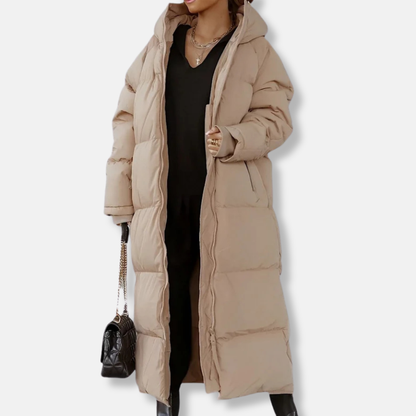 Women’s Long Coat – Oversized Fit – Quilted Padded Hooded Full-Length Outerwear