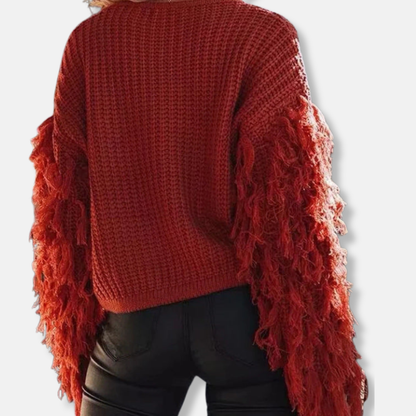 Isla Ribbed Fringe Hip-Length Sweater | Crewneck Relaxed Fit Sweater