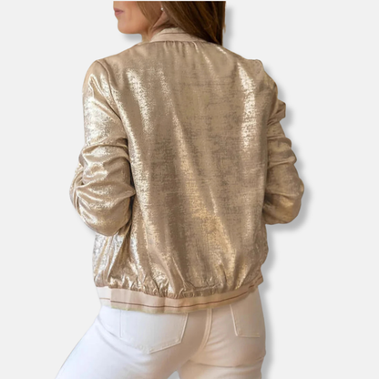 Women’s Bomber Jacket – Shiny Textured Fabric – Relaxed Fit – Zippered Pockets – Ribbed Trim