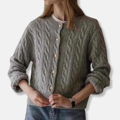 Women’s Cardigan – Wool Knit – Relaxed Fit – Cable Knit – Button Front – Hip Length