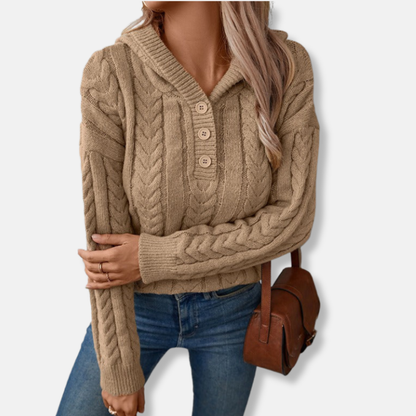 Isla Relaxed Fit Hooded Sweater | Cable Knit Button Placket Sweater