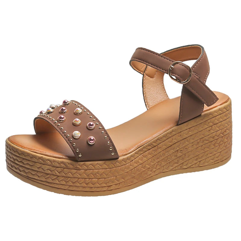 Women's Wedge Sandals - Adjustable Ankle Strap - Studded Forefoot - Comfortable Heel