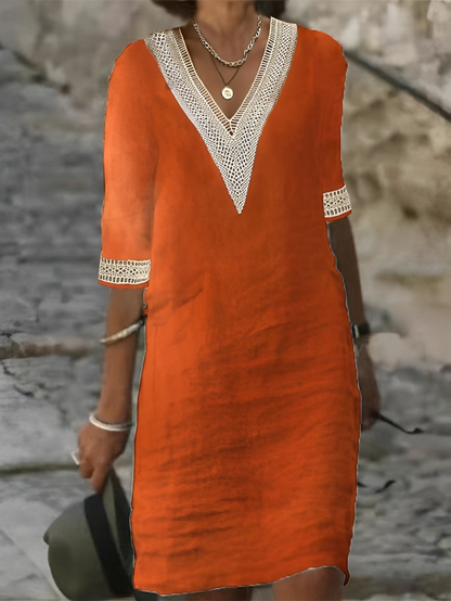 Women's V-Neck Dress - Lightweight Linen - Crochet Lace Detailing - Casual Wear