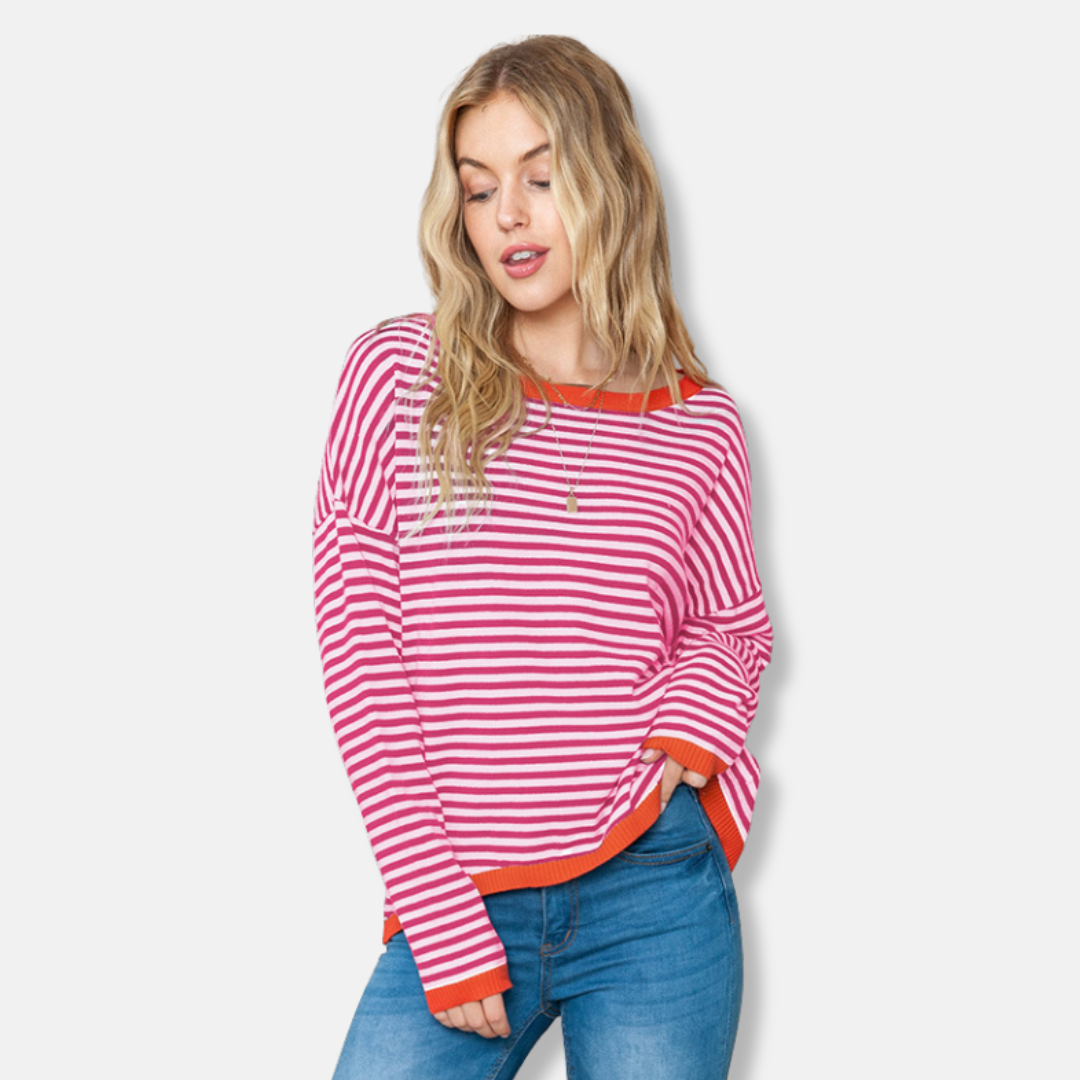 Women’s Sweater – Relaxed Fit – Knitted Pullover – Striped – Drop Shoulder Casual Wear