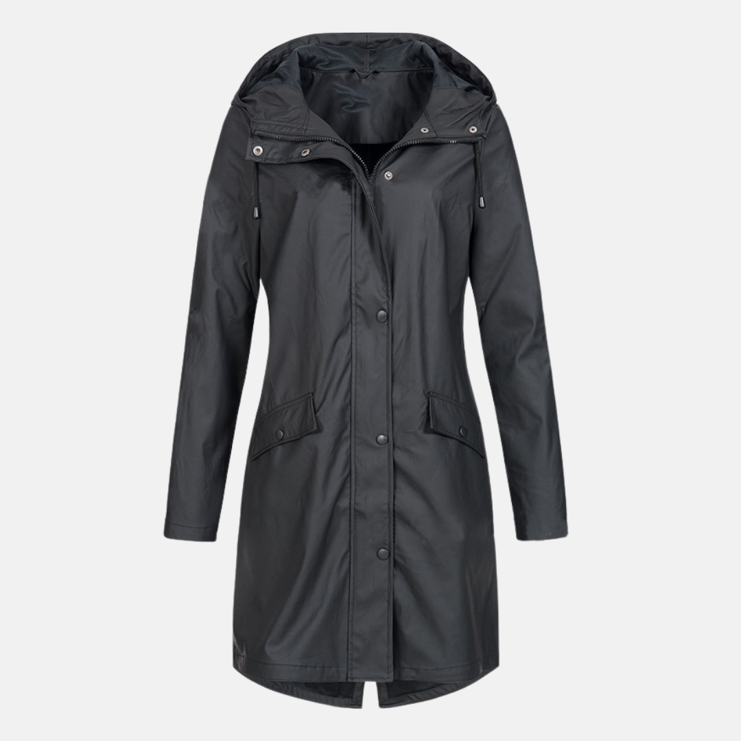 Women’s Long Jacket – Water-Resistant – Hooded – Snap Closure – Flap Pockets