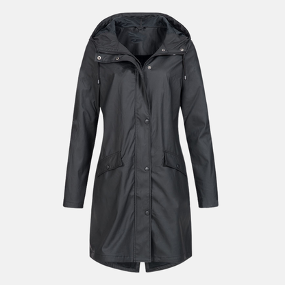 Women’s Long Jacket – Water-Resistant – Hooded – Snap Closure – Flap Pockets