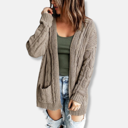 Women’s Knitted Cardigan – Relaxed Fit – Cable Knit – Open Front – Front Pockets