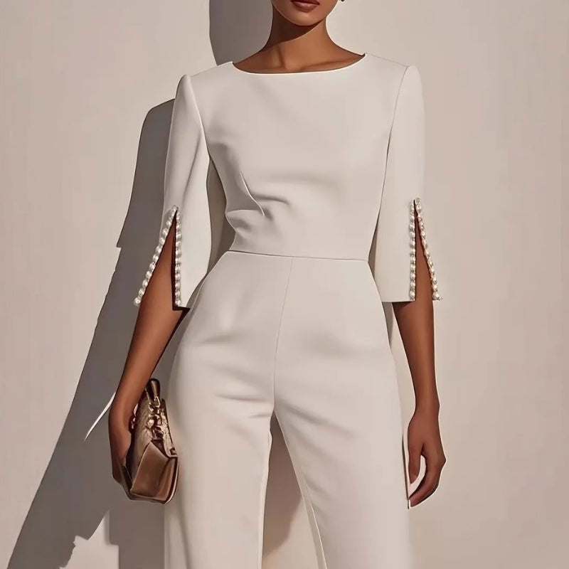 Isla Fitted Jumpsuit | Pearl Embellishments Three-Quarter Sleeve Jumpsuit