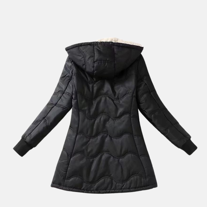 Women’s Mid-Length Coat – Quilted Sherpa Lined – Hooded Loose Fit – Zipper Closure