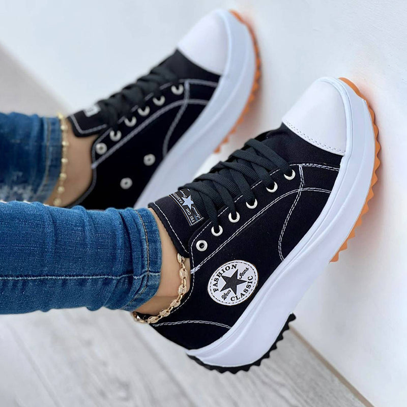 Women's Platform Sneakers - Canvas Upper - Lace-Up - Thick Cushioned Sole - Low-Top