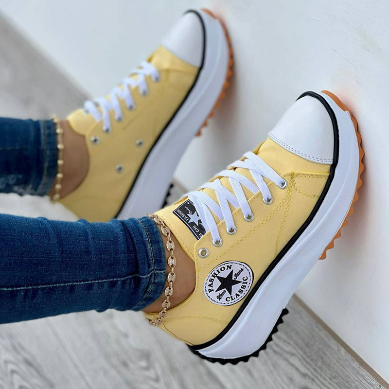 Women's Platform Sneakers - Canvas Upper - Lace-Up - Thick Cushioned Sole - Low-Top