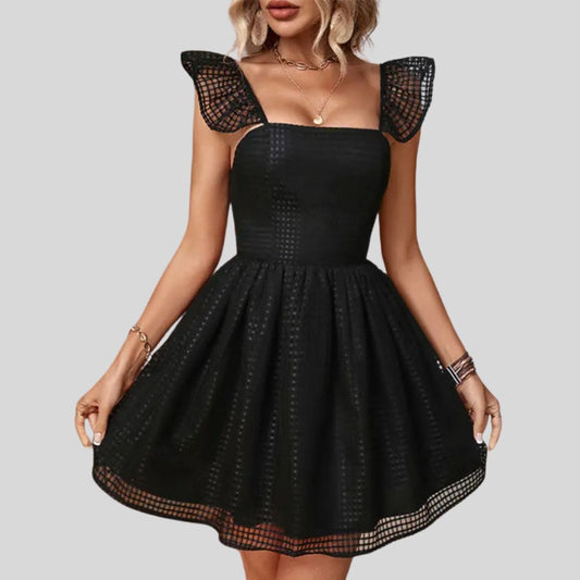 Textured Mesh Sleeve Skater Dress