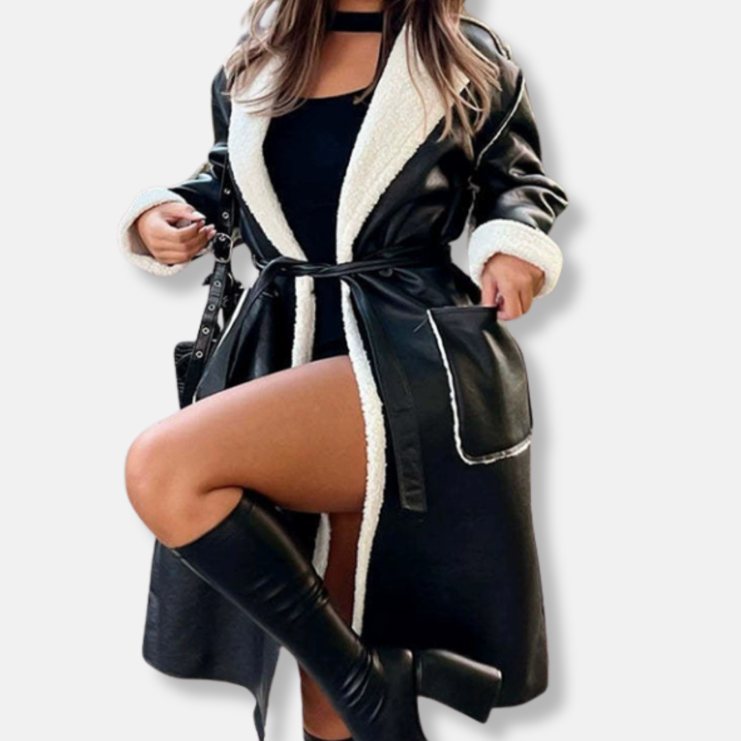 Faux Leather Oversized Tie Waist Long Coat 