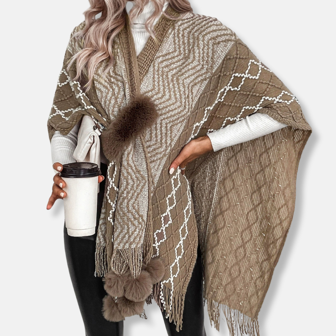 Sienna Oversized Cape Cardigan | Fringe Hem Pom-Pom Detail Cardigan