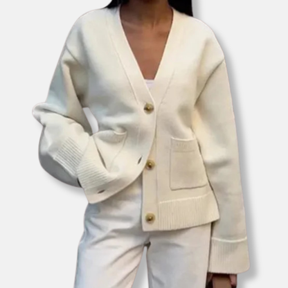 Women’s Knitted Cardigan – Oversized Relaxed Fit – V-Neck – Wool Feel – Button Front