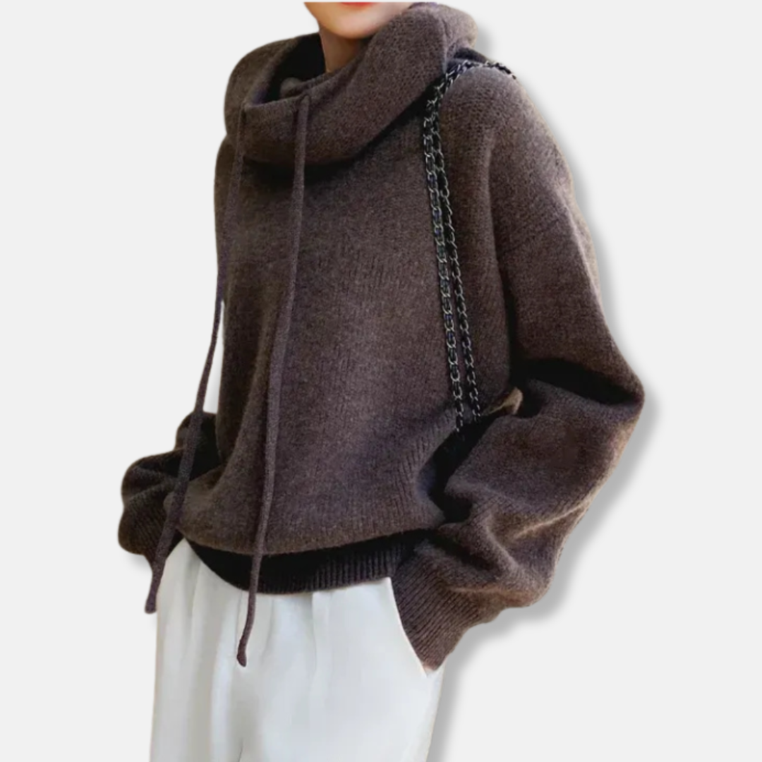 Women’s Knitted Sweatshirt – Oversized Fit – Soft Plush Knit – Cowl Neck Drawstring