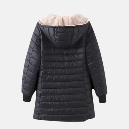 Women’s Hooded Padded Coat – Relaxed Fit – Mid-Length Quilted – Fleece Lined – Zip Front