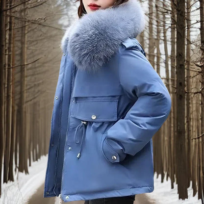 Women's slim waist cotton parka with rabbit fur lining