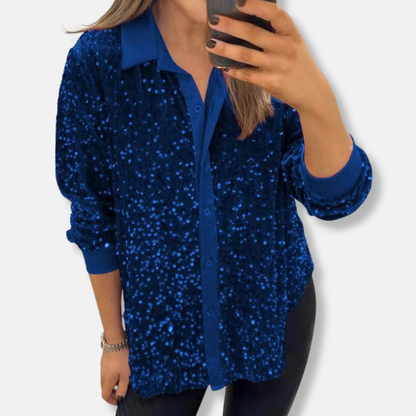 Women’s Sequin Shirt – Relaxed Fit – Button-Up – Long Sleeve Party Wear