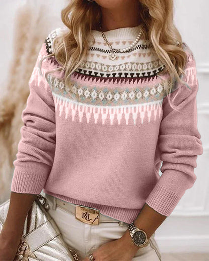 Women’s Knit Sweater - Fair Isle Pattern - Round Neck - Fitted Ribbed Cuffs and Hem