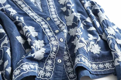 Women's Embroidered Blouse - V-Neck - Button Down - Long Sleeve Relaxed Fit