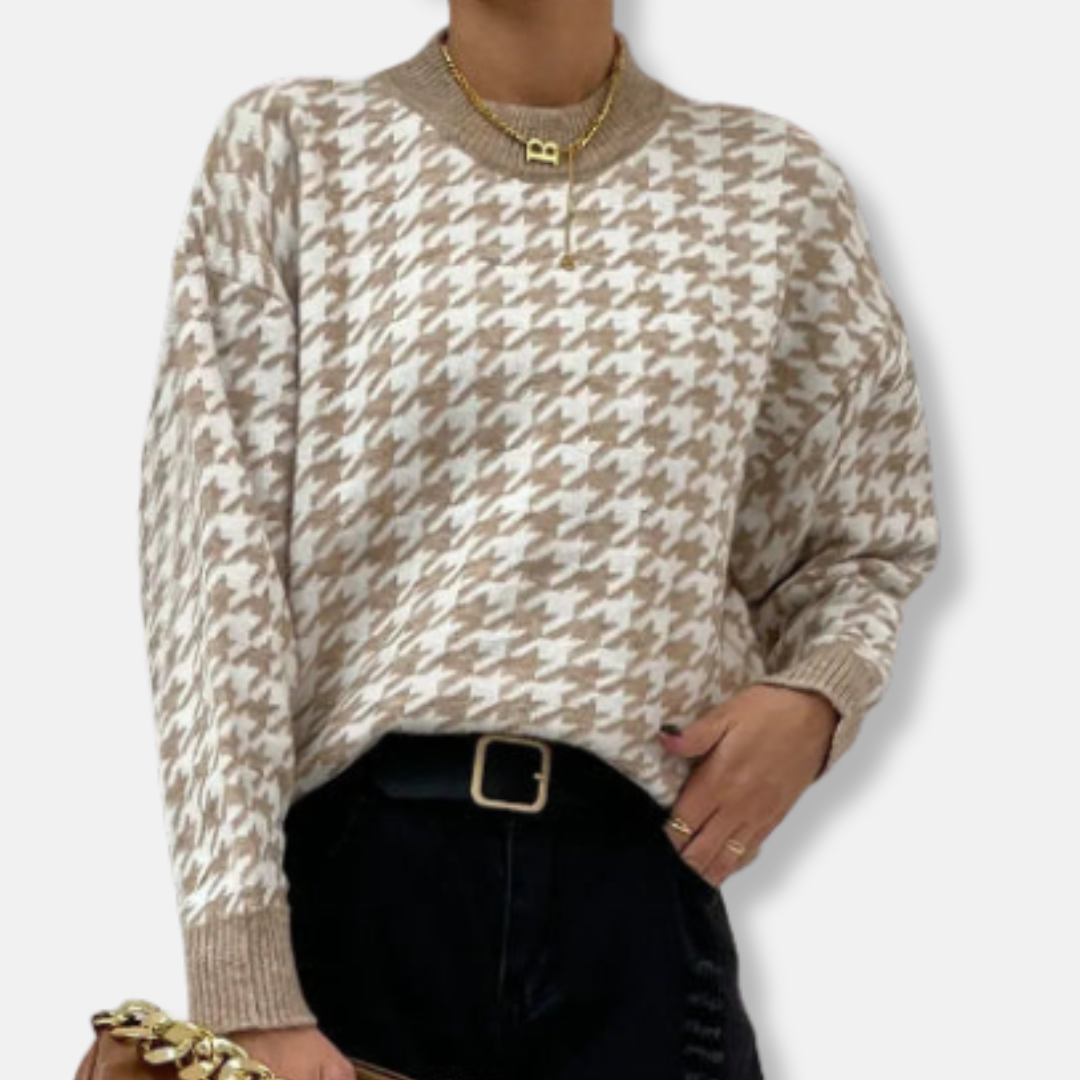 Isla Relaxed Fit Pullover Sweater | Houndstooth Ribbed Trim Sweater