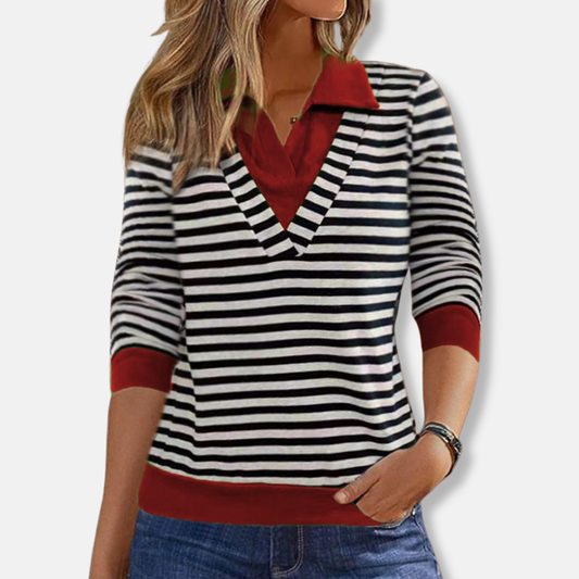 Aurora Relaxed Fit Sweatshirt | Striped V-Neck Hip-Length Sweatshirt