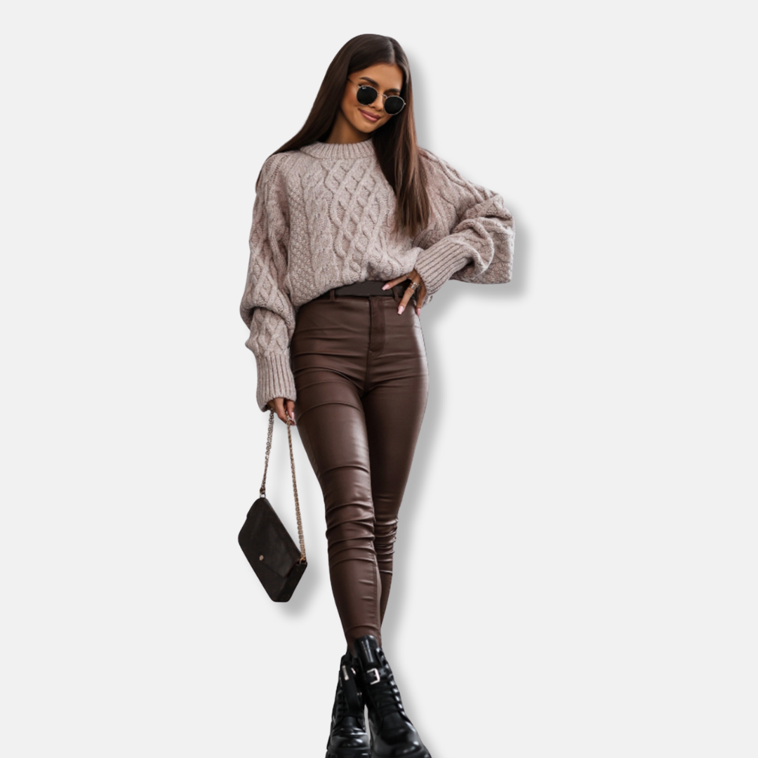 Aurora Oversized Pullover Sweater | Cable Knit Crewneck Balloon Sleeve Sweater