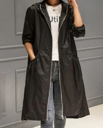 Women's Long Hooded Coat - Relaxed Fit - Zipper Closure - Casual Everyday Wear