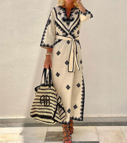 Women's Maxi Dress - V-Neck Embroidered - Three-Quarter Sleeve - Waist Tie Boho Chic