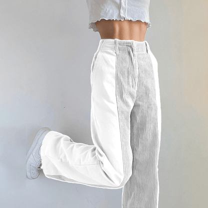 Women’s High-Waist Trousers – Relaxed Fit – Wide Leg – Ribbed and Smooth Panels