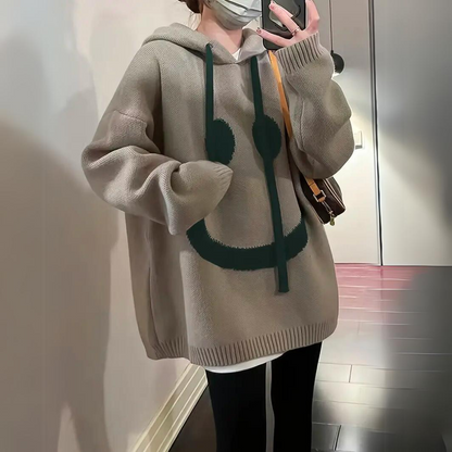 Women's smiley print drawstring hooded loose sweater