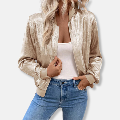 Women’s Bomber Jacket – Satin Finish – Relaxed Fit – Ribbed Trim – Zip Front Closure