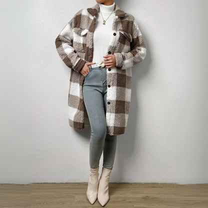 Women's open button lapel plush plaid midi jacket