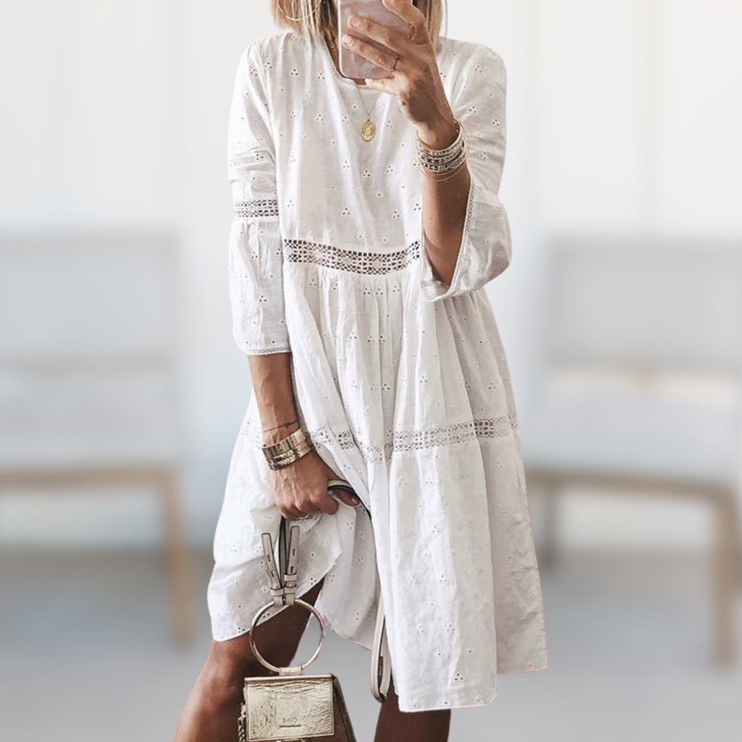Women's Embroidered Dress - Knee-Length - Three-Quarter Sleeve - Elegant Eyelet Detailing