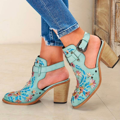 Women's Ankle Boots - Western Style - Embroidered Floral - Stacked Heel - Buckle Strap